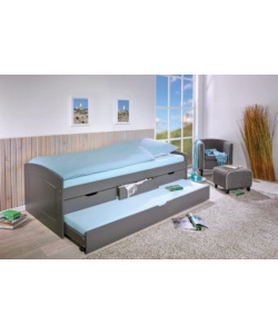 Letto singolo con 3 cassetti e letto estraibile in pino grigio, 90x200 cm